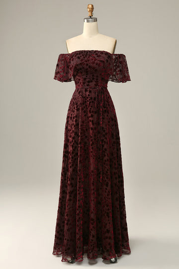Burgundy Flower Off The Shoulder Ball Evening Dress